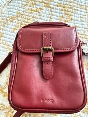 Minoy Crimson Leather Crossbody Bag with Buckle Flap